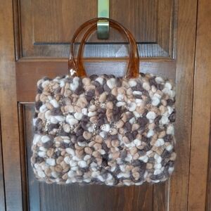 Handmade Unique 3D Neutral Brown Tan White Pom-pom Textured Handbag Purse